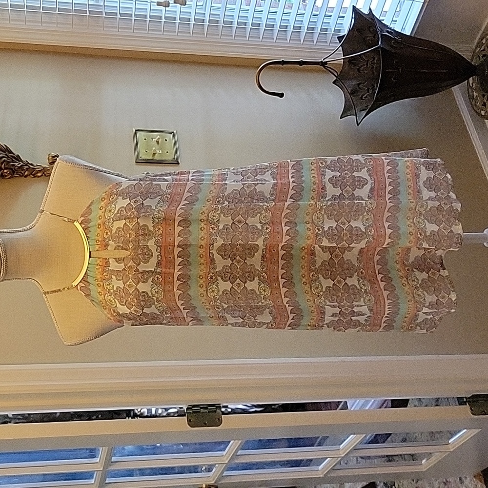 Red Camel aqua pink white paisley floral halter dress gold metal accent M EUC …